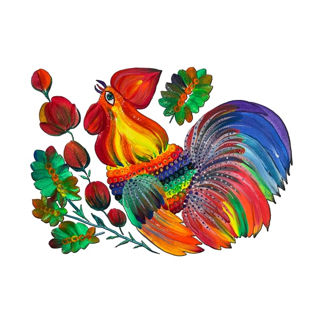 Magic cock. Petrykivka painting. Rainbow rooster by Motanka