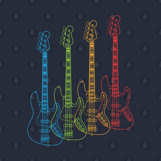 Four J-Style Bass Guitar Outlines Multi Color by nightsworthy