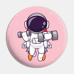 Cute Astronaut Lifting Dumbbell With Rocket Cartoon Pin