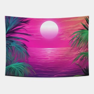 Neon Shoreline Serenity: Vibrant Sunset by the Beach Tapestry