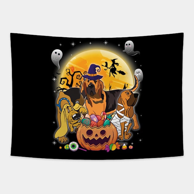 Bloodhound Dog Mummy Witch Moon Ghosts Happy Halloween Thanksgiving Merry Christmas Day Tapestry by joandraelliot