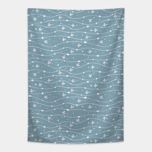 Blue Wavy Lines, Dots and Flowers Pattern Tapestry