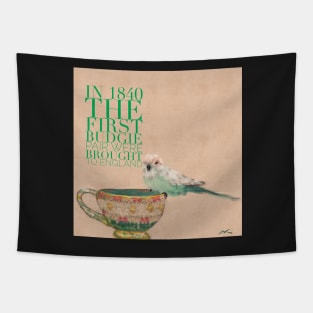 Baby Budgie (parkeet tiny and cute) on teacup animal facts green typography Tapestry