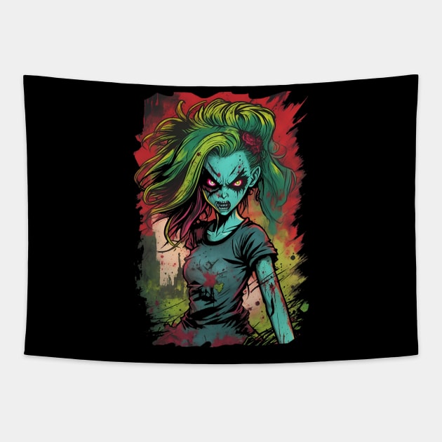 Comic book Anime style evil zombie girl lots of color mix of bright colors horror inspired Tapestry by Terror-Fi