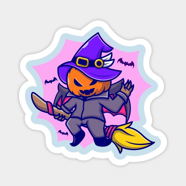 Cute Witch Pumpkin Riding Magic Broom Cartoon Magnet by Catalyst Labs