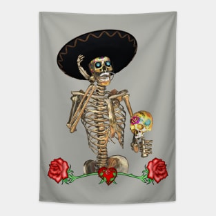 Funny sugar skull skeleton with mexican hat Tapestry
