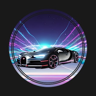 bugatti chiron a super car in black with neon details circle background T-Shirt