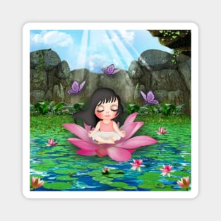 Girl meditating on lotus flower Magnet