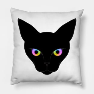 Striking Black Cat Face with Multi Coloured Eyes Pillow