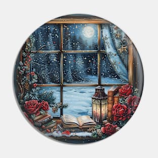 Fantasy winter starry night window Pin