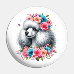 A poodle with beautiful colorful flowers Pin