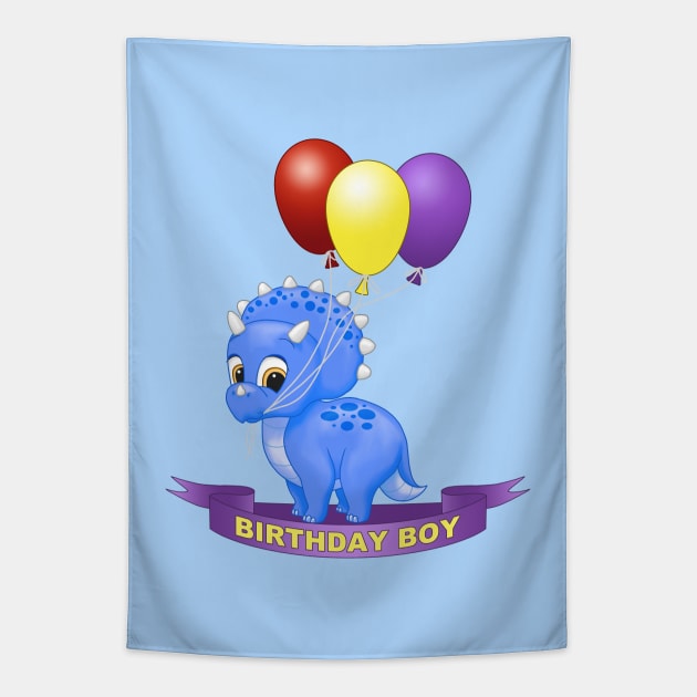 Birthday Boy Cute Blue Triceratops Dinosaur Tapestry by csforest