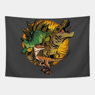 Rustic Dino Trio: Stegosaurus, T-Rex, and Velociraptor Tapestry