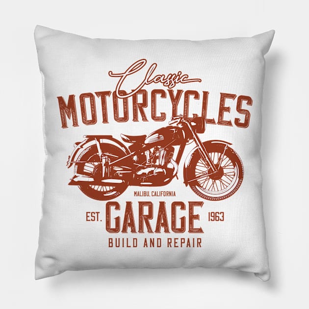 Classic Motorcycles: Malibu, California Garage Pillow by Jarecrow 