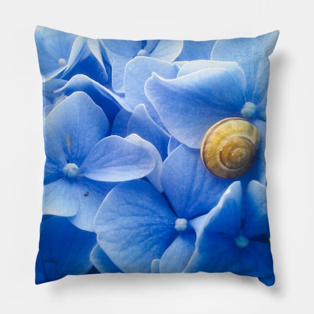 Golden Snail Blue Hydrangea Pillow by TrishAbyss