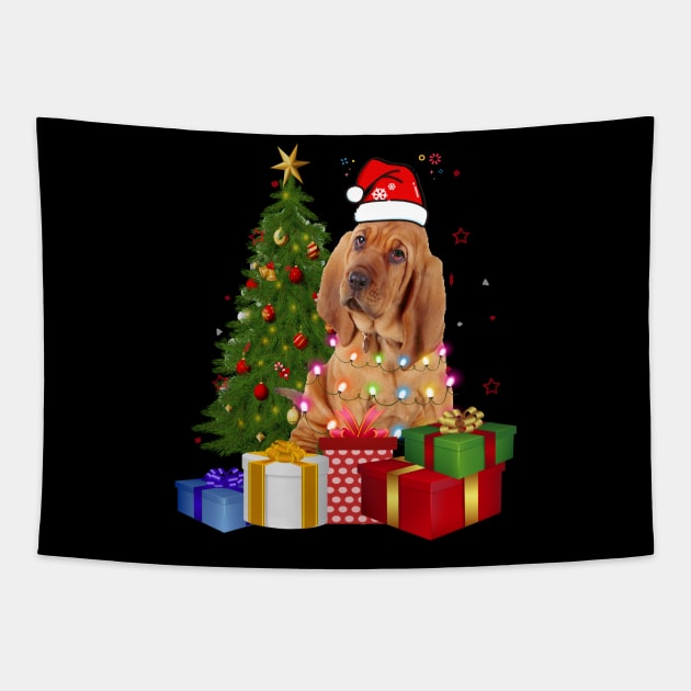 Bloodhound Christmas Tree Santa Hat Funny Xmas Gift Dog T-Shirt Tapestry by CoolTees