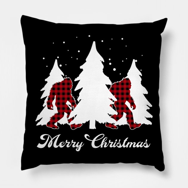 Buffalo Plaid Bigfoot Merry Christmas Tree Xmas Sasquatch Pillow by Sincu