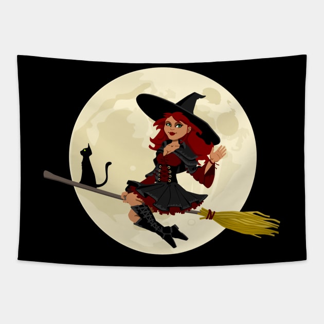 Good Witch With Black Cat On Broomstick Waving Hello Tapestry by MonkeyBusiness