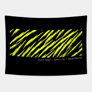 Save Tiger – Save Life – Save Planet with striking yellow on dark black background Tapestry