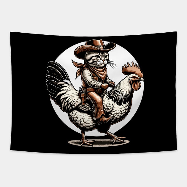 Meowdy Cat Riding Chicken Tapestry by VisionDesigner