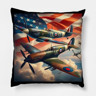 WWII Spitfire F4U Corsair Airplane US Flag Pillow