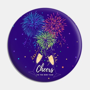 Cheers to the New Year Fireworks, Champagne Flutes and Stars Pin