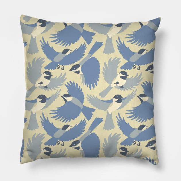 Chickadees Pattern Blues Pillow Pillow by JadaFitch