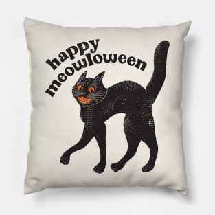 Happy Meowloween Vintage Black Cat Halloween Design Pillow