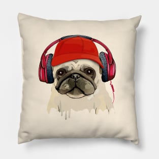 Pug, pug face and music headphones, pug lovers, gift for pug lovers Pillow