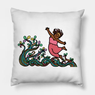 Happy cheerful black African woman. Mental health, wellness and relaxation in nature. Pillow