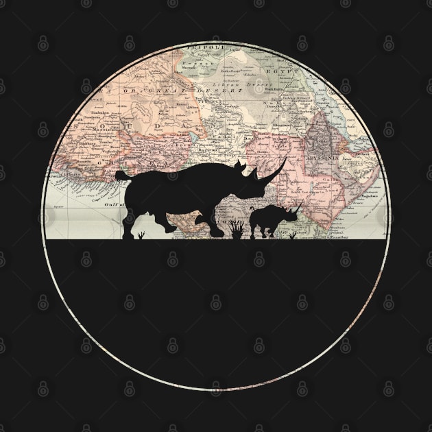 Black Rhino family cut from an 1892 Map of Africa by tsd-fashion