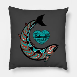 Pacific Northwest Salmon in teal and maroon Pillow