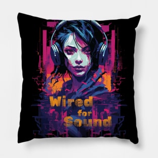 Cyberpunk Woman in Headphones listening to music Pillow