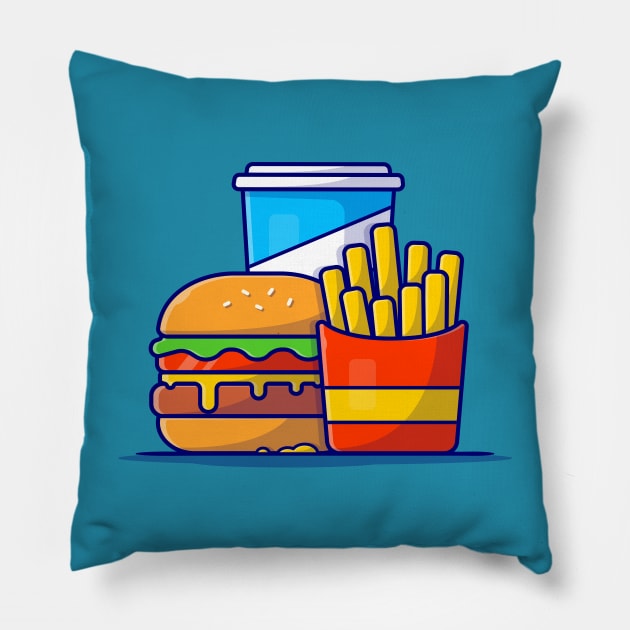 Burger, French fries And Soft Drink Cartoon Vector Icon Illustration Pillow by Catalyst Labs