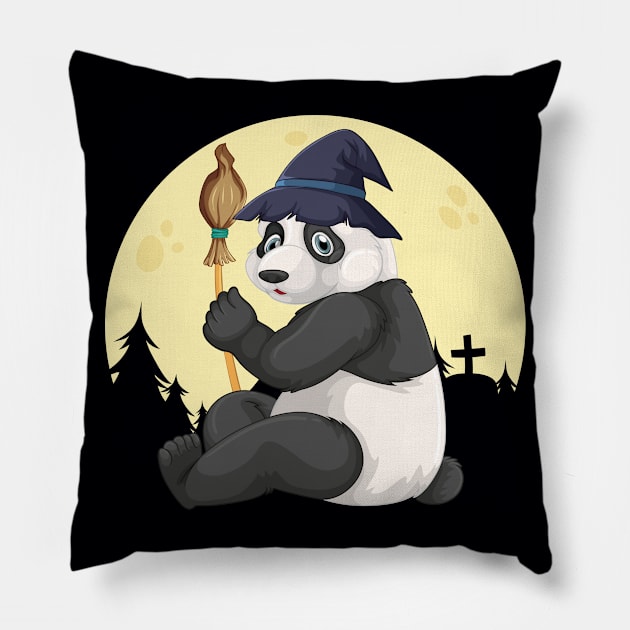 Cute Panda Wearing A Witch Hat Witch Broomstick Panda Lover Pillow by FamiLane