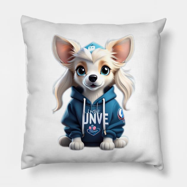 Chic in Blue: Whiskers the White Chihuahua's Enchanting Disney Tale! Pillow by Stevie26