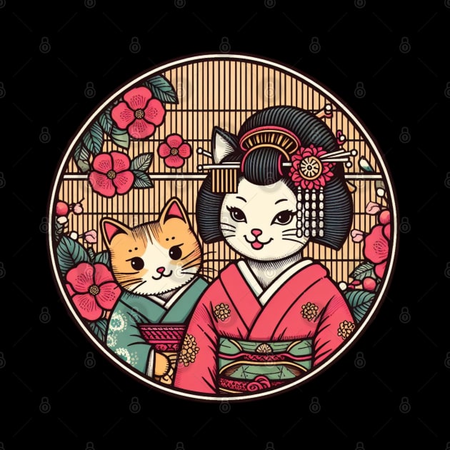 Japanese cat Ukiyo e cat mom by Japanese Fever