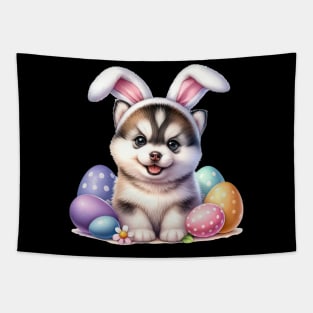 Puppy Siberian Husky Bunny Ears Easter Eggs Happy Easter Day Tapestry