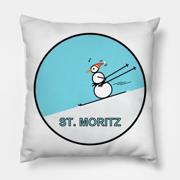 Frosty the Snowman skiing in St. Moritz Pillow by Musings Home Decor