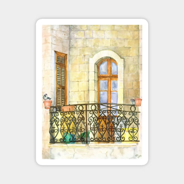 Jerusalem balcony with pigeons Magnet by melartbubble