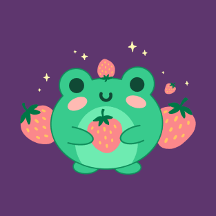 Neon Green Kawaii Frog, Blushing Strawberry, Retro Japanese Aesthetic T-Shirt