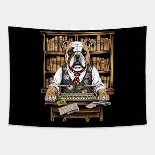 Accountant English Bulldog t-shirt design, a bulldog wearing an eyeshade and holding an abacus Tapestry