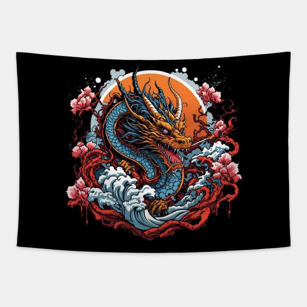 Dragon against the backdrop of a setting sun bathed in ocean waves Tapestry by T-Shirt Paradise