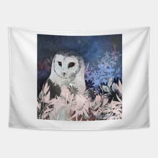 Winter Barn Owl in Flower Field Negative Painting Tapestry