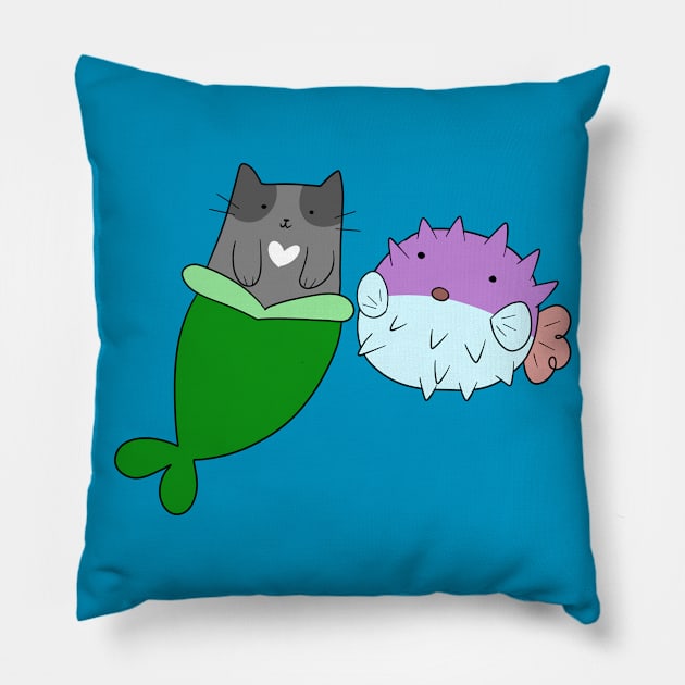 Mermaid Cat and Puffer Fish Pillow by saradaboru