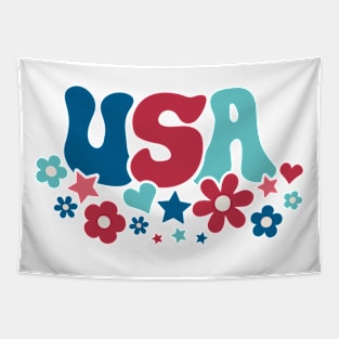 american groovy flower 4th july America retro patriotic USA Tapestry