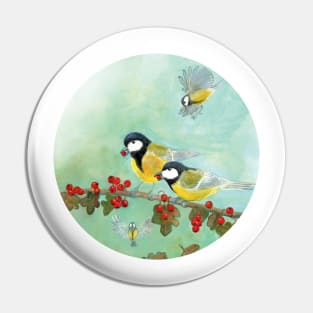 Great Tit Birds on a Hawthorn Branch Pin