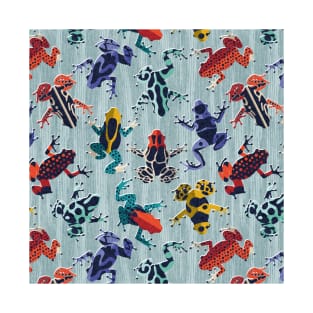 Quirky dart frogs dance // pattern // duck egg blue textured background brightly multicoloured poison amphibians T-Shirt