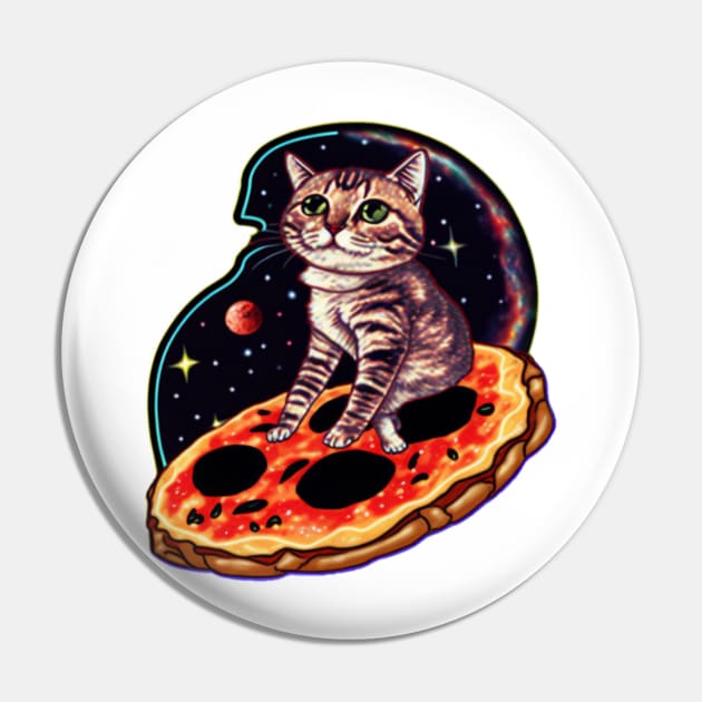 A cat riding a slice of pizza in space | Vintage Pin by Zachariya420