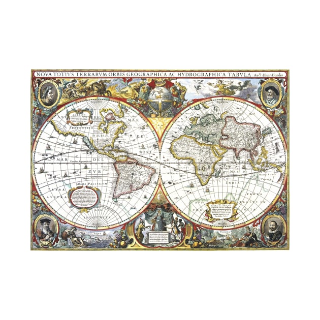 Antique Old World Double Hemisphere Map by Hendrik Hondius, 1630 by MasterpieceCafe